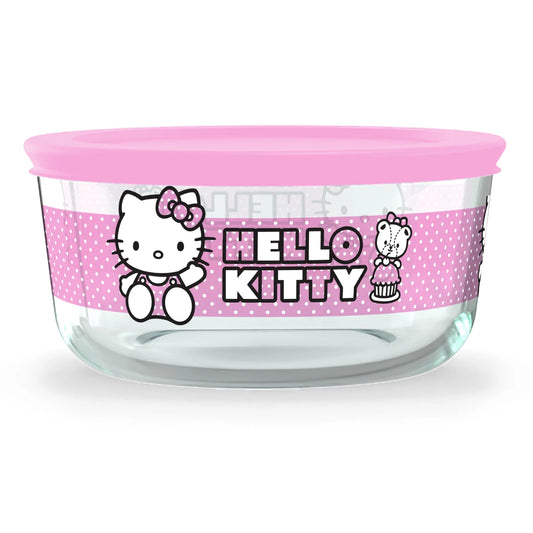 Hello Kitty 4-Cup round Glass Storage Container with Pink Airtight Lid, 2-Piece