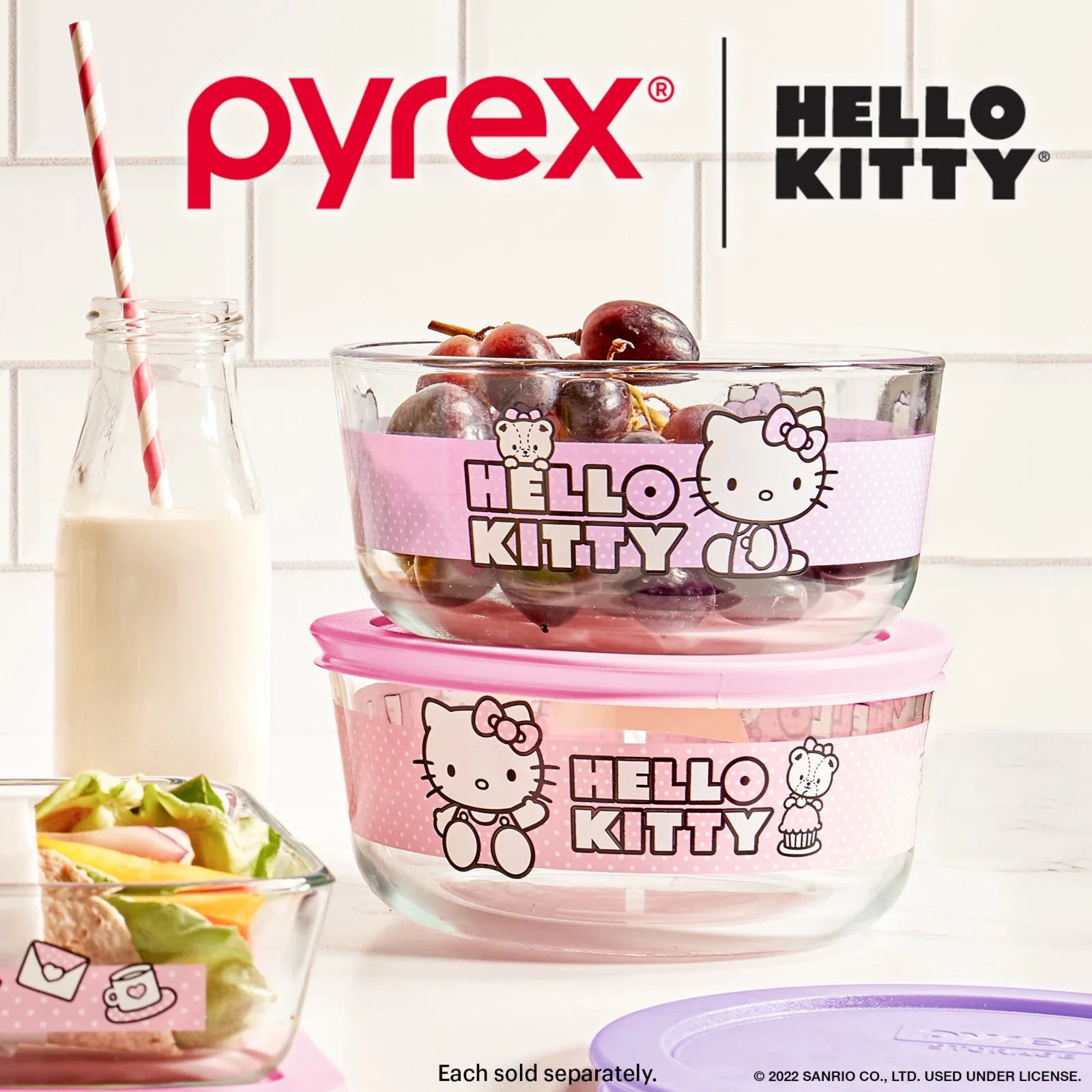 Hello Kitty 4-Cup round Glass Storage Container with Pink Airtight Lid, 2-Piece