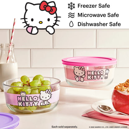 Hello Kitty 4-Cup round Glass Storage Container with Pink Airtight Lid, 2-Piece